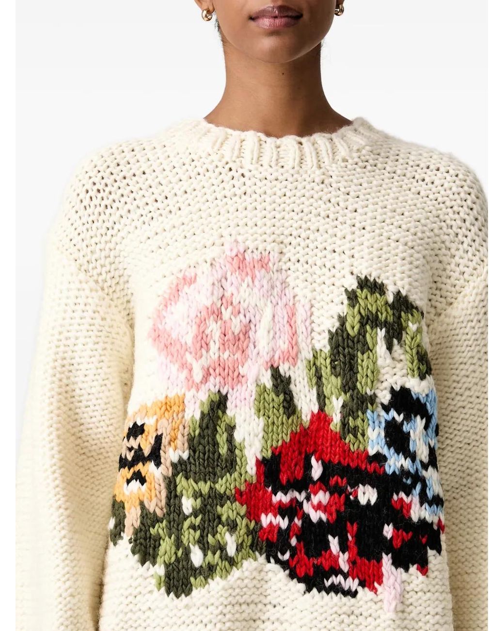 Stine Goya Natural Floral-Intarsia Chunky-Knit Sweater