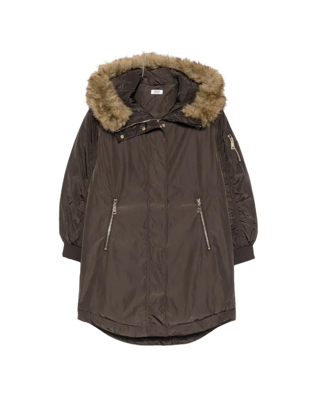 Liu Jo Gray Fur-Trim Zip-Up Coat