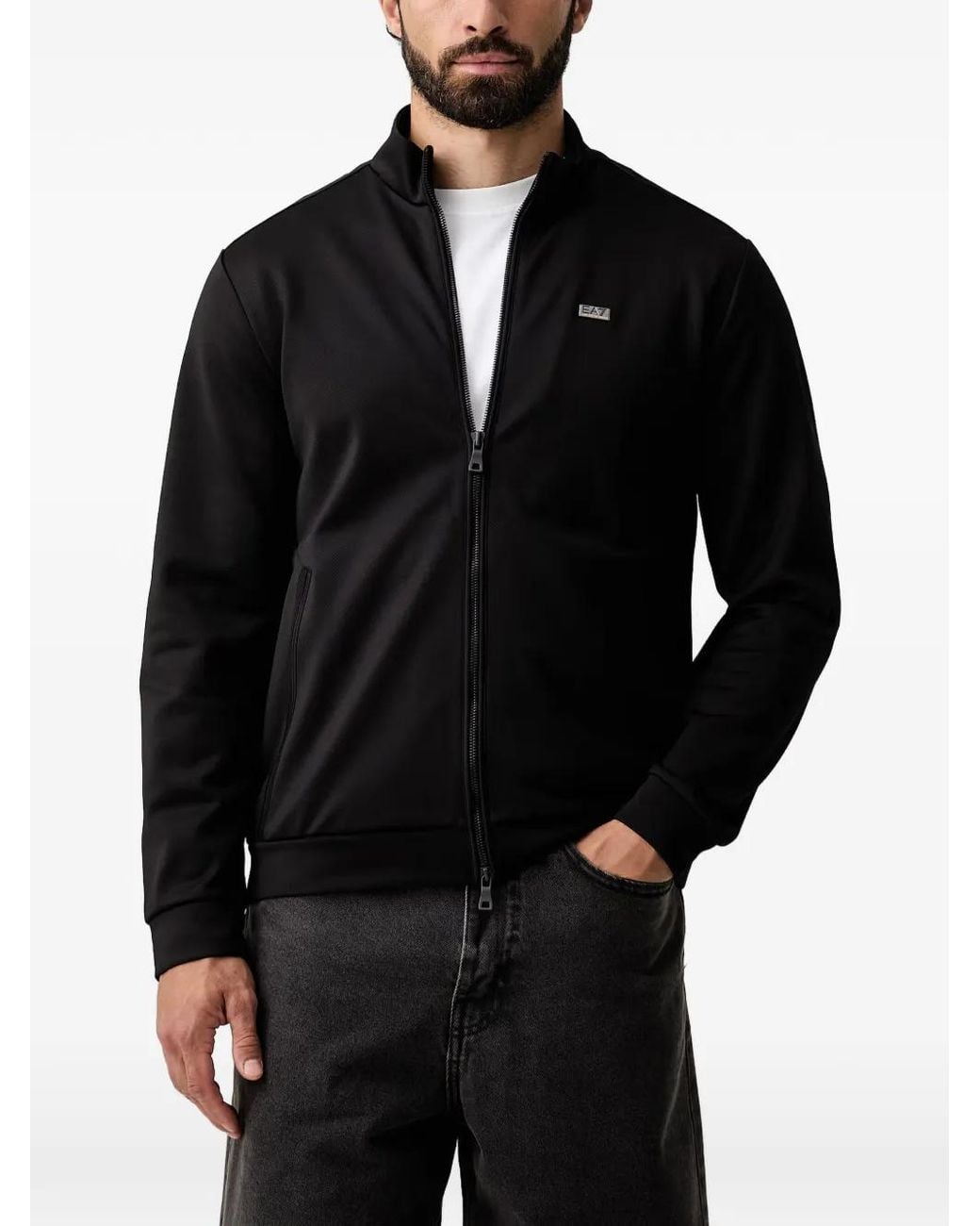 EA7 Black Logo-Plaque Zip-Up Sweater for men