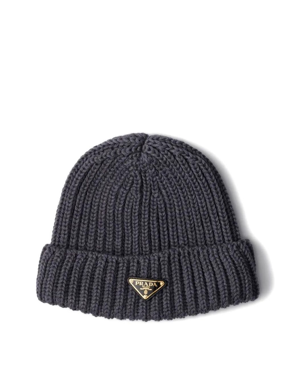 Prada Blue Triangle-Logo Ribbed Beanie