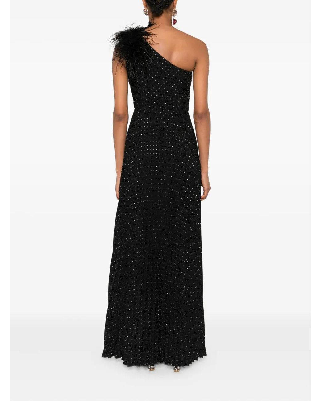 Nissa Black Pleated Feather-Detail Maxi Dress