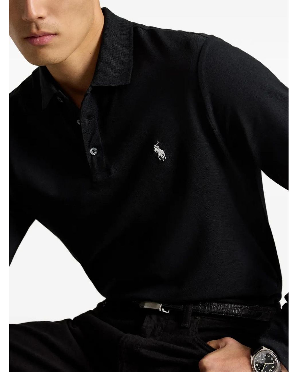 Polo Ralph Lauren Black Embroidered Pony Long-Sleeve Polo Shirt for men