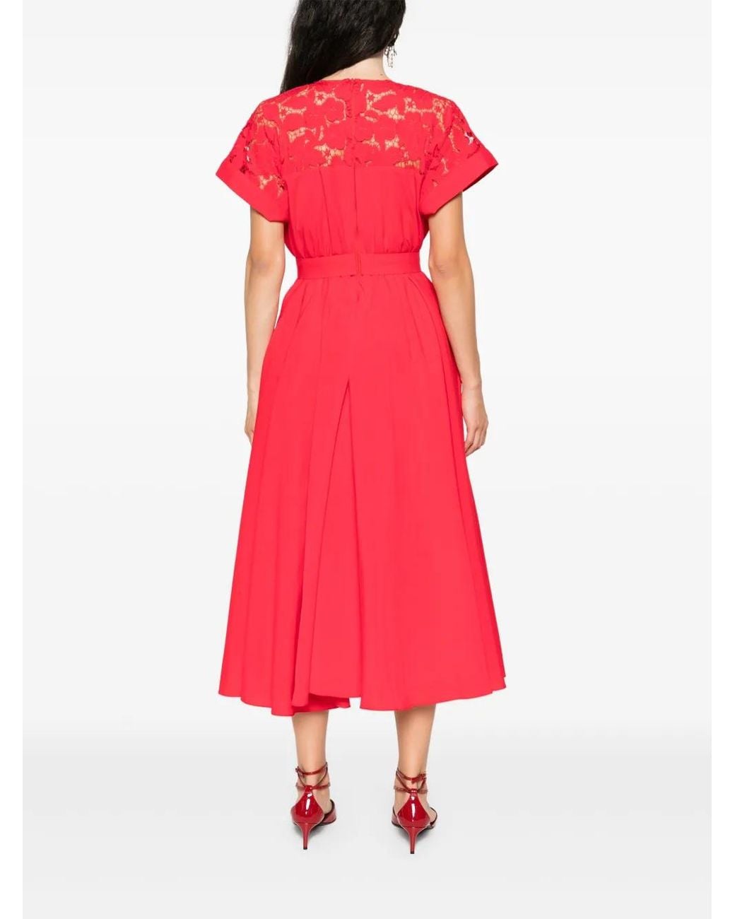 Nissa Red Lace-Panels Midi Dress