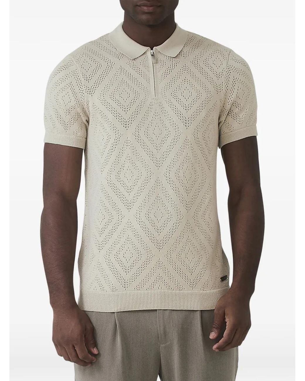 Mauvais Gray Chalbi Diamond-Pointelle Zip-Up Polo Shirt for men