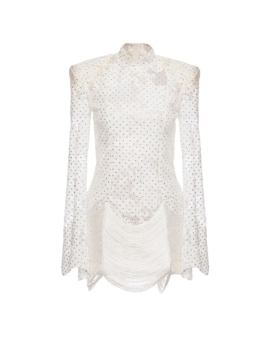 Nissa White Fringed-Hem Lace Mini Dress