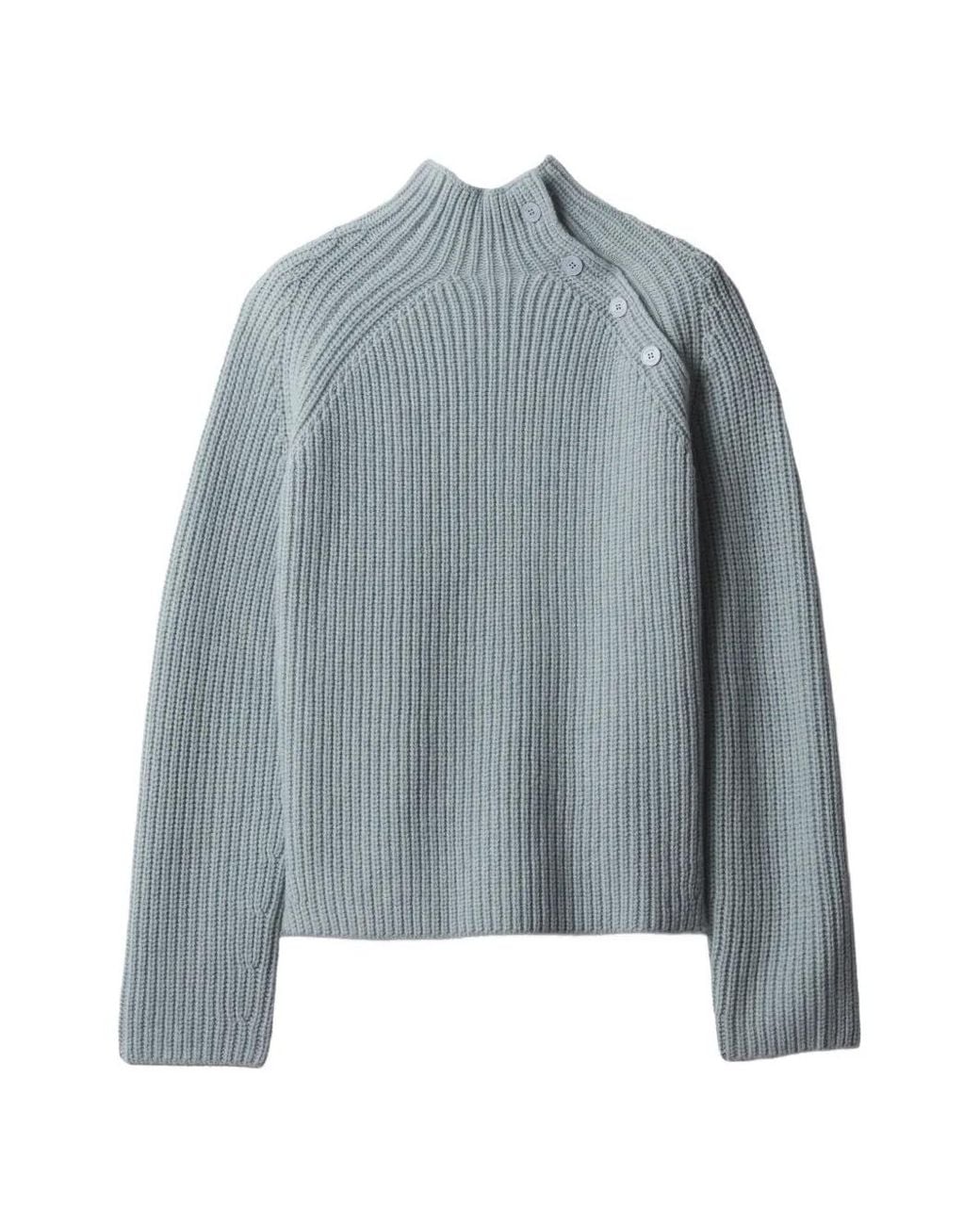 Maison Kitsuné Blue Ribbed-Knit Button-Shoulder Sweater