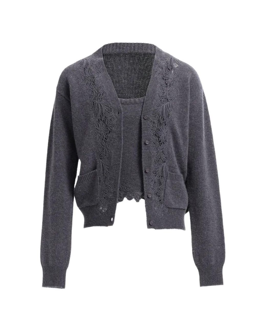 Elie Saab Gray Lace-Trim Knit Cardigan And Top Set