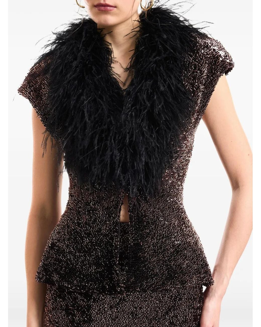 Gemy Maalouf Black Sequined Feather-Trim Top