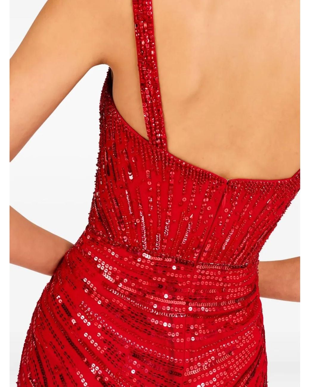 open lace back dress Red Metallic Beaded Cocktail Dress – Lolapalooza London