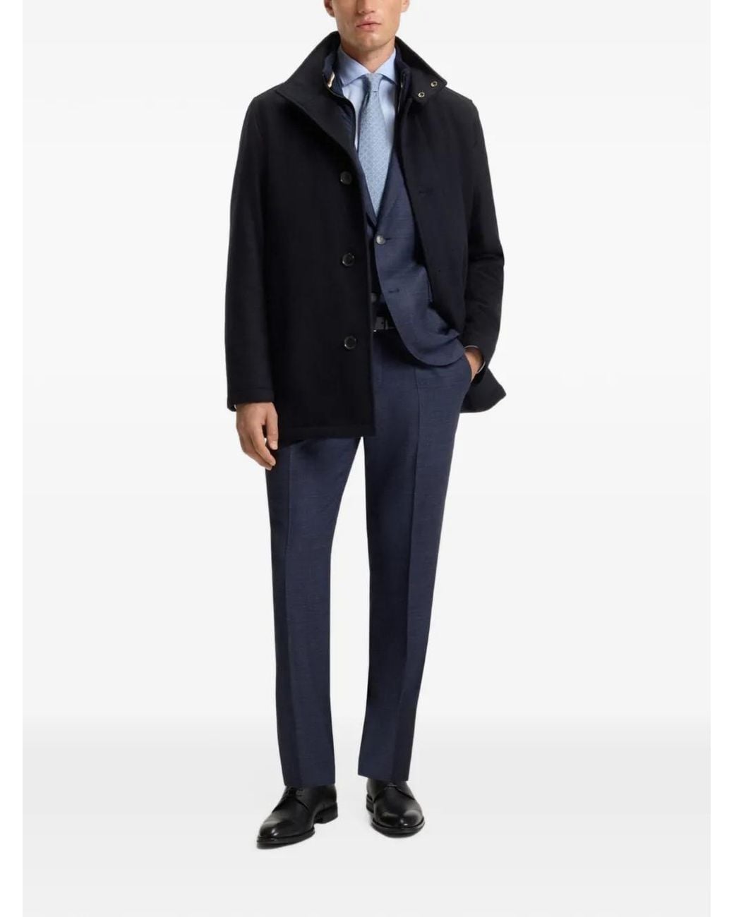 Boss Blue High-Neck Single-Breasted Coat for men