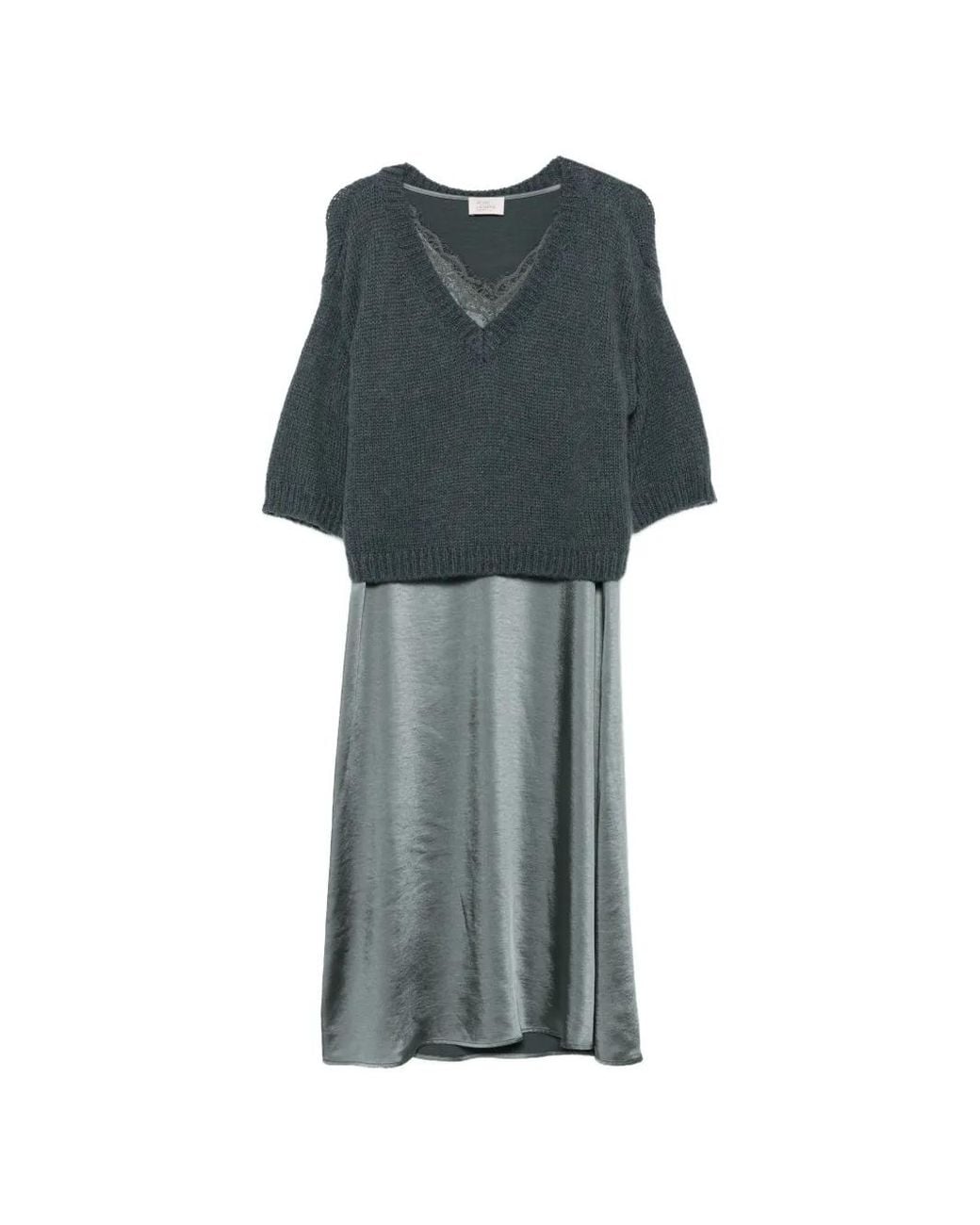 Vera Mont Green Lace-Trim Satin-Finish Midi Dress