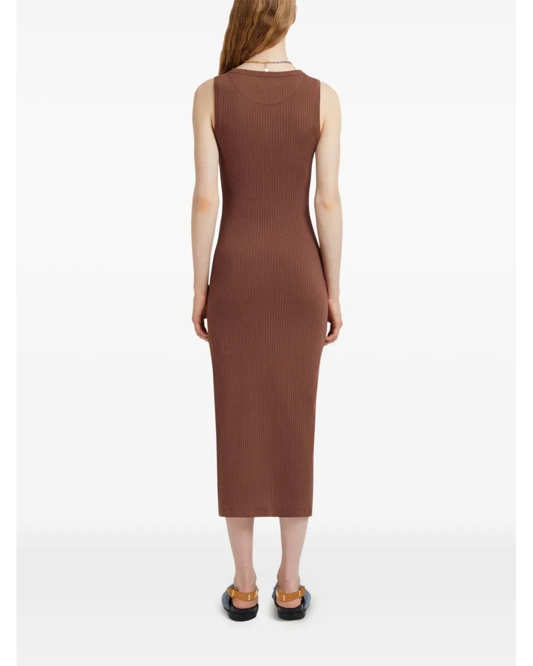 Marni Brown Ribbed Logo-Patch Midi Dress