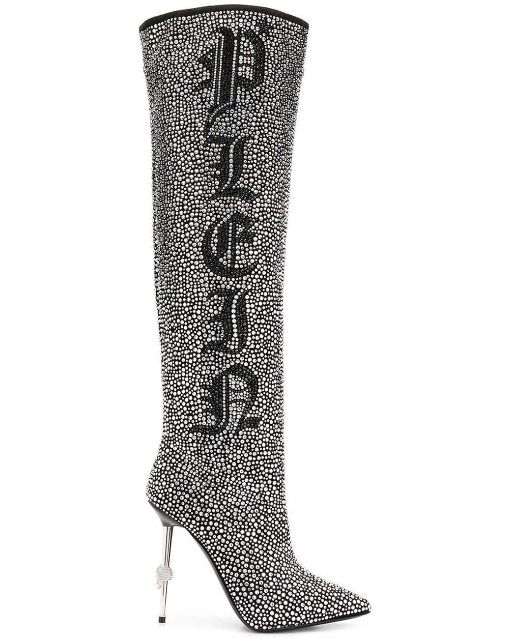Philipp Plein Crystal Studded Logo Boots in White | Lyst