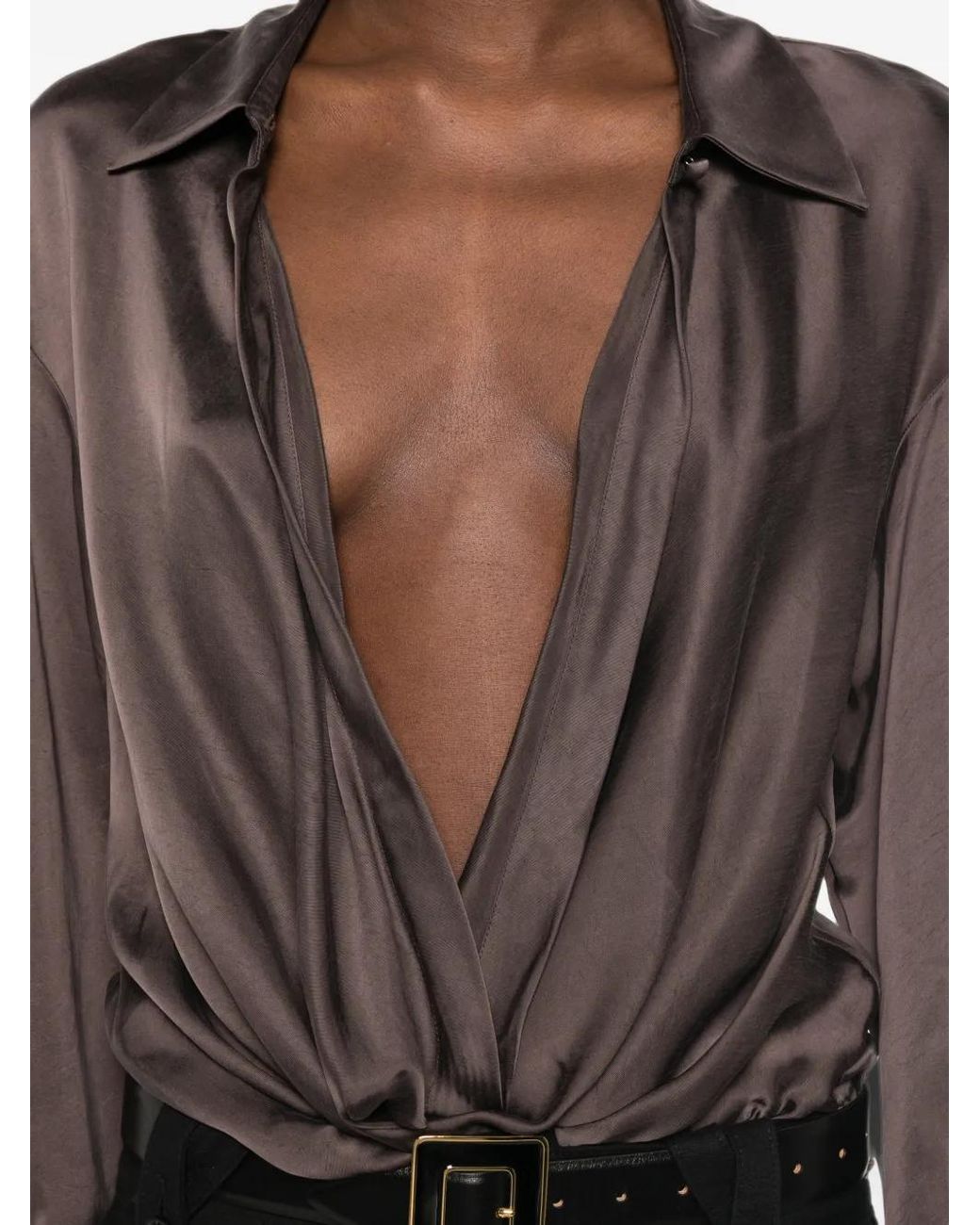 ANDAMANE Brown Lidia Satin-Finish Long-Sleeve Blouse