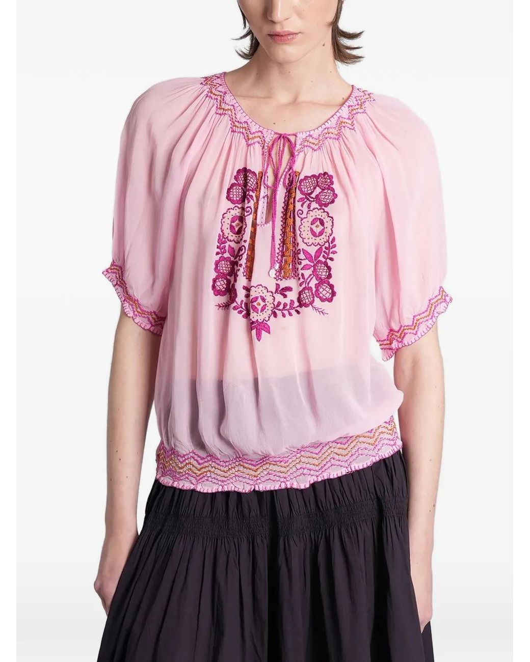 Antik Batik Pink Delia Embroidered Smocked Blouse