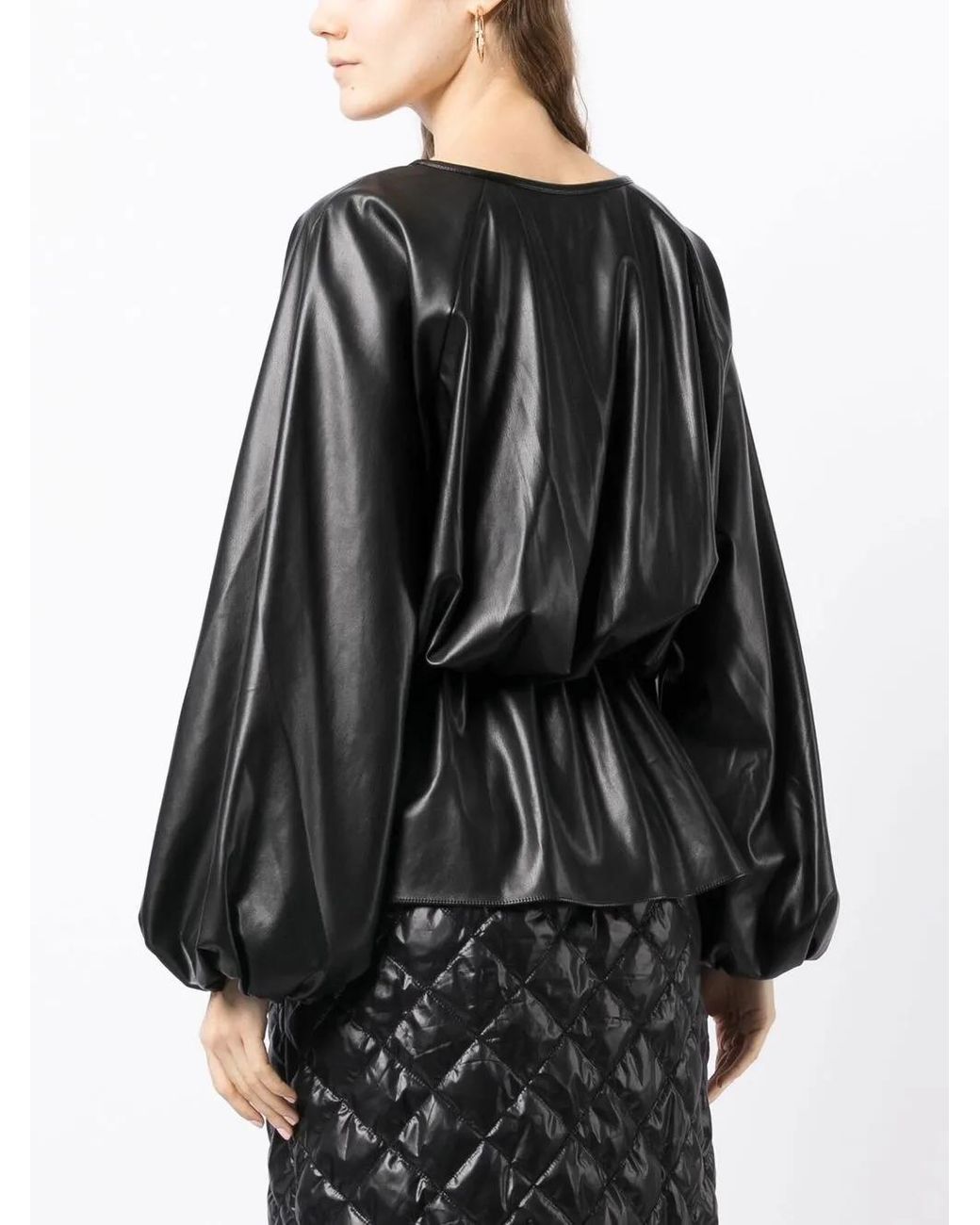 Goen.J Black Faux-Leather Draped Top