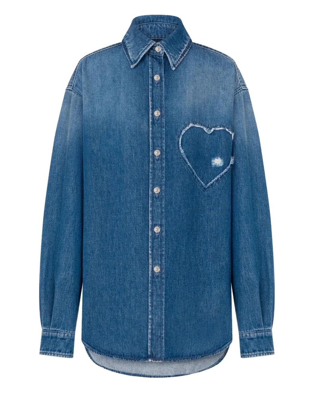 Moschino Blue Frayed Heart Patch Denim Shirt