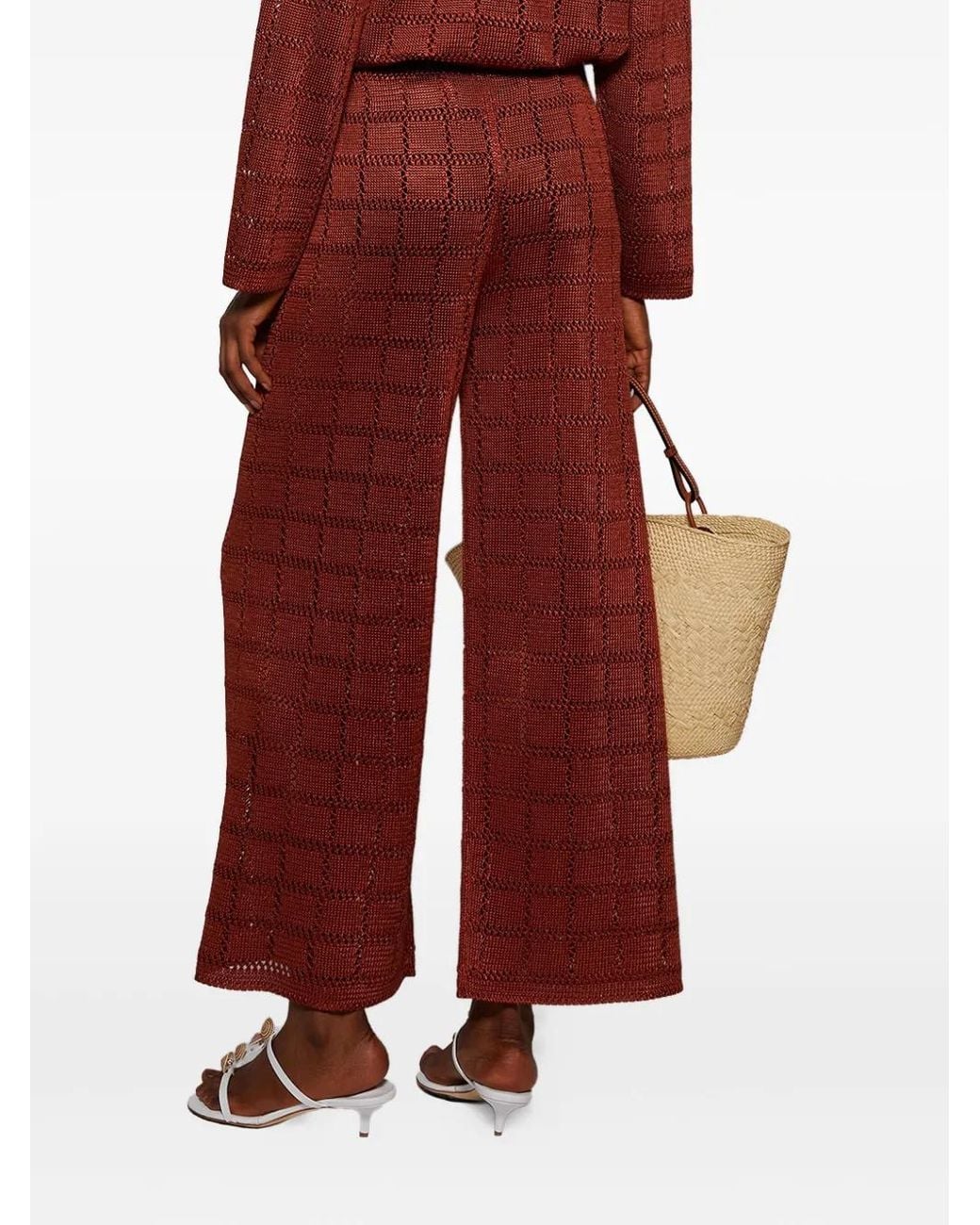 Calle Del Mar Red Grid-Pattern Knitted Trousers