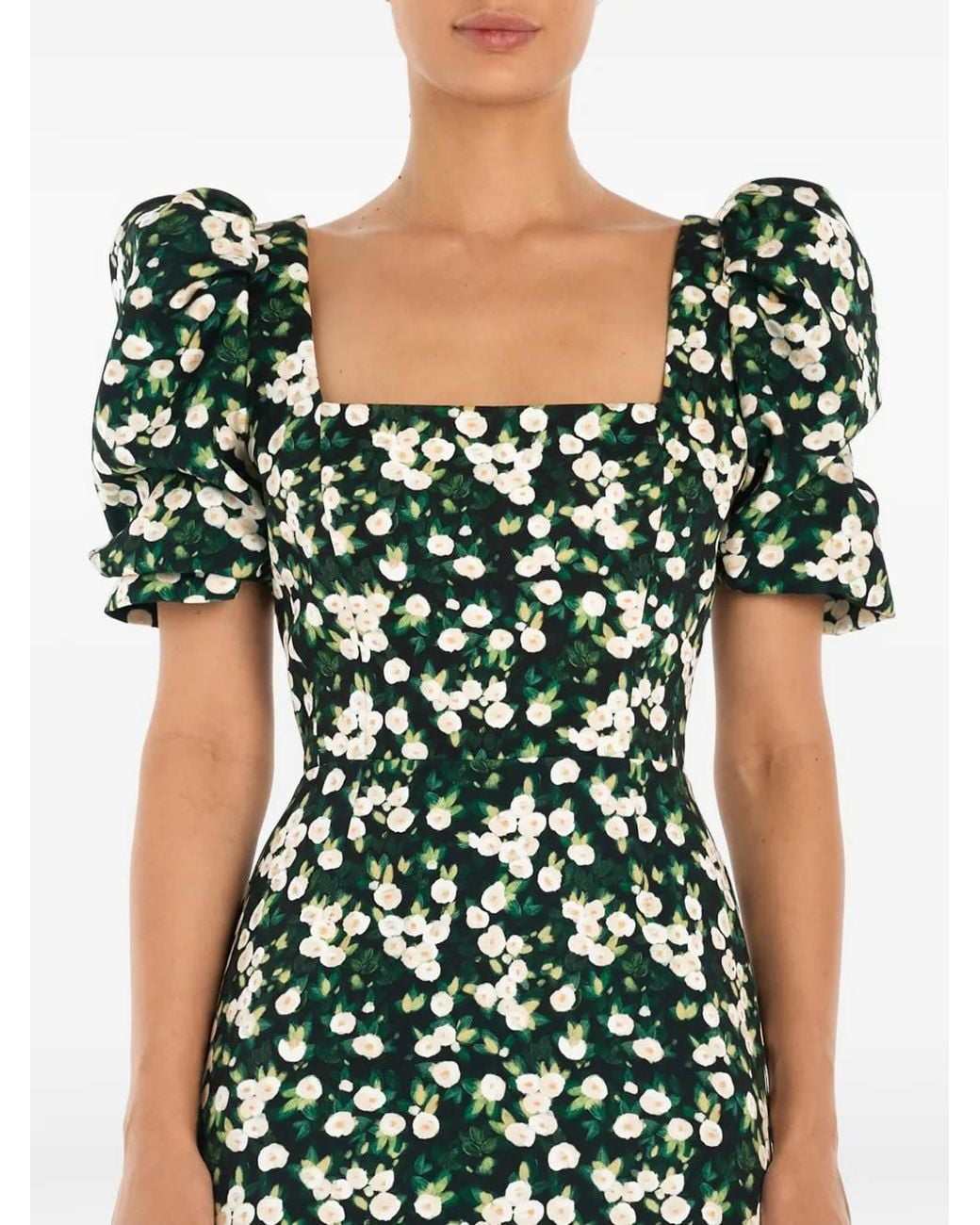 POST MERIDIEM Green Square-Neck Floral-Print Midi Dress