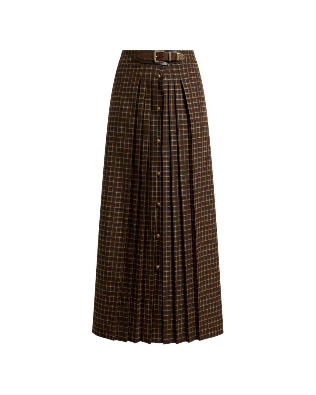Etro Brown Wool Maxi Skirt With Pleating And Check Motif