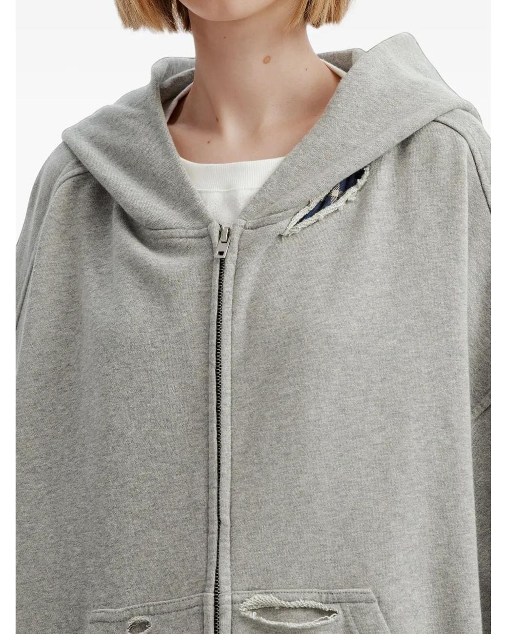 we11done Gray Distressed-Effect Zip-Up Hoodie