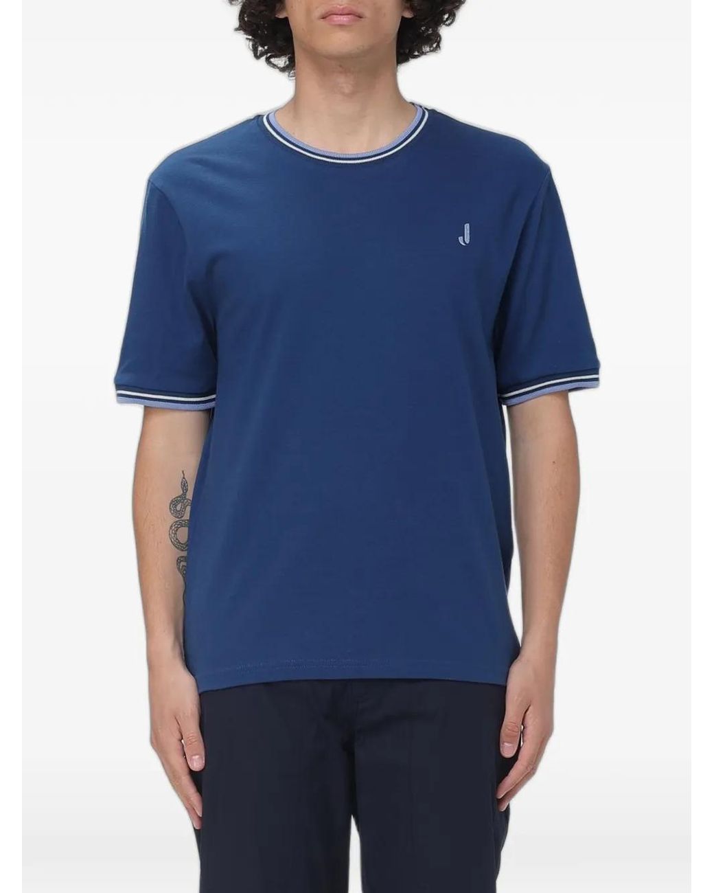Jeckerson Blue Logo-Embroidered Striped-Trim T-Shirt for men