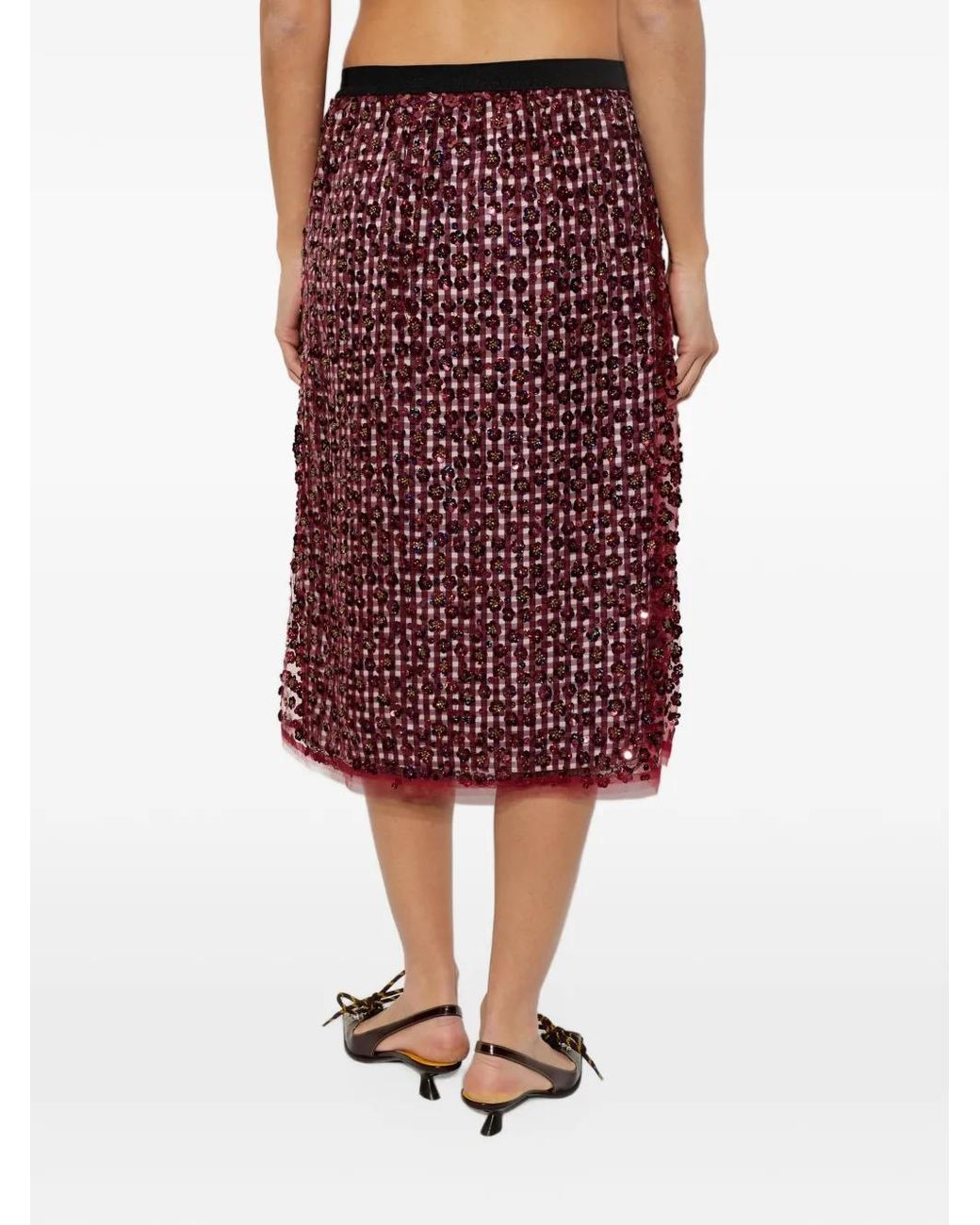 Munthe Red Sequin-Embellished Gingham Midi Skirt