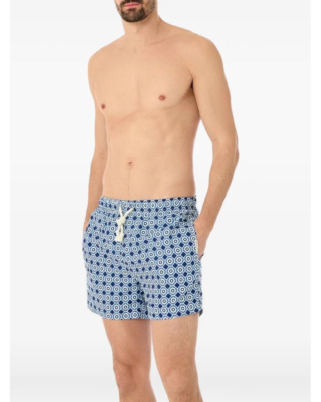 GASSA D'AMANTE Blue Geometric-Print Drawstring Swim Shorts for men