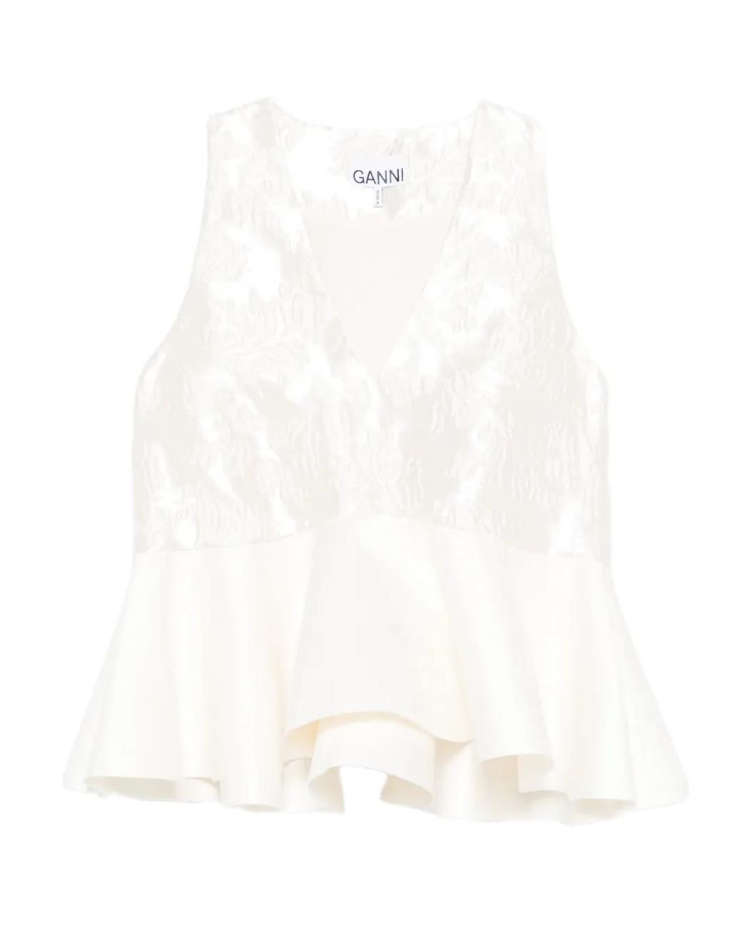 Ganni White Satin Cloque Sleeveless Peplum Blouse