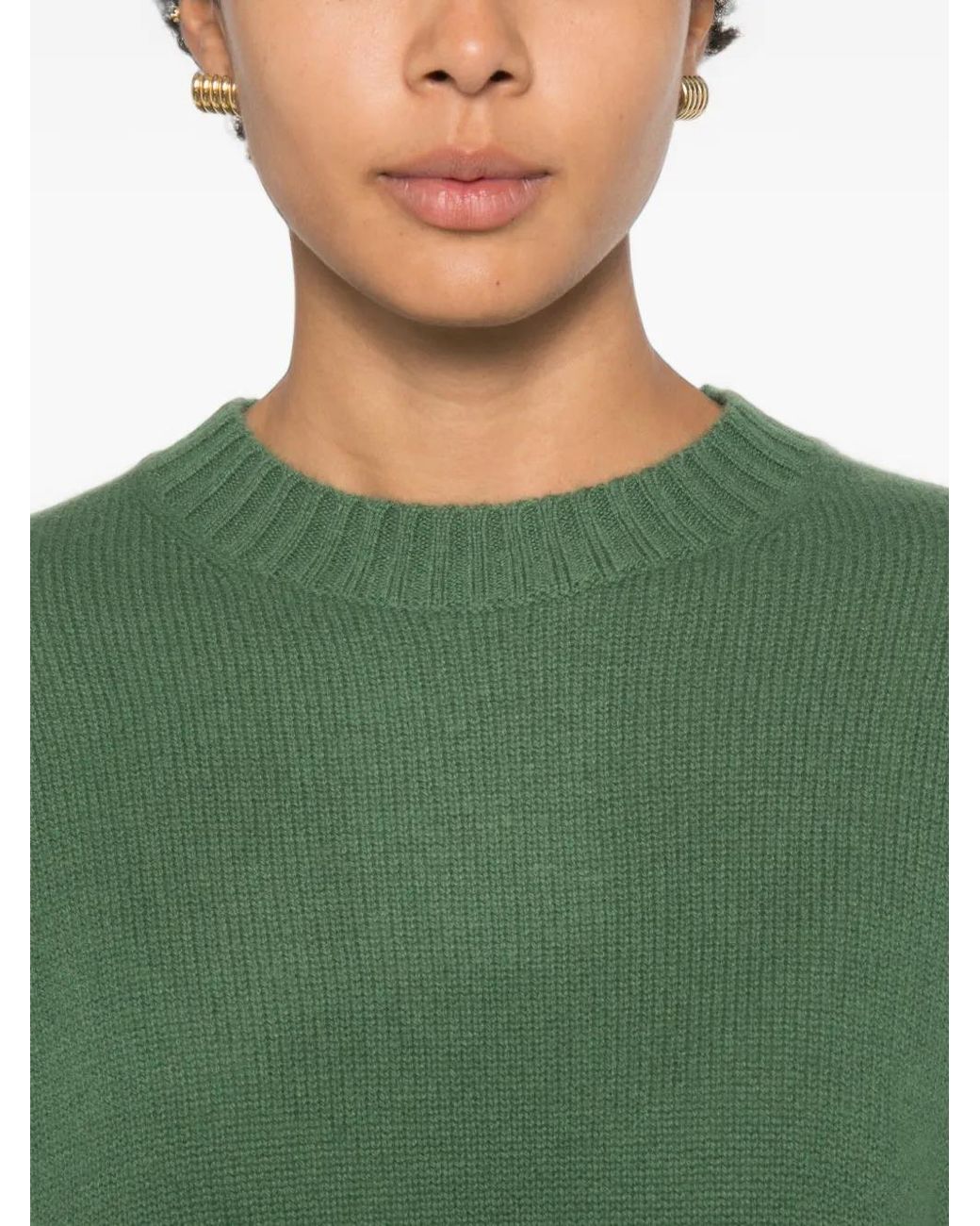 Allude Green Ribbed-Trim Drop-Shoulder Sweater