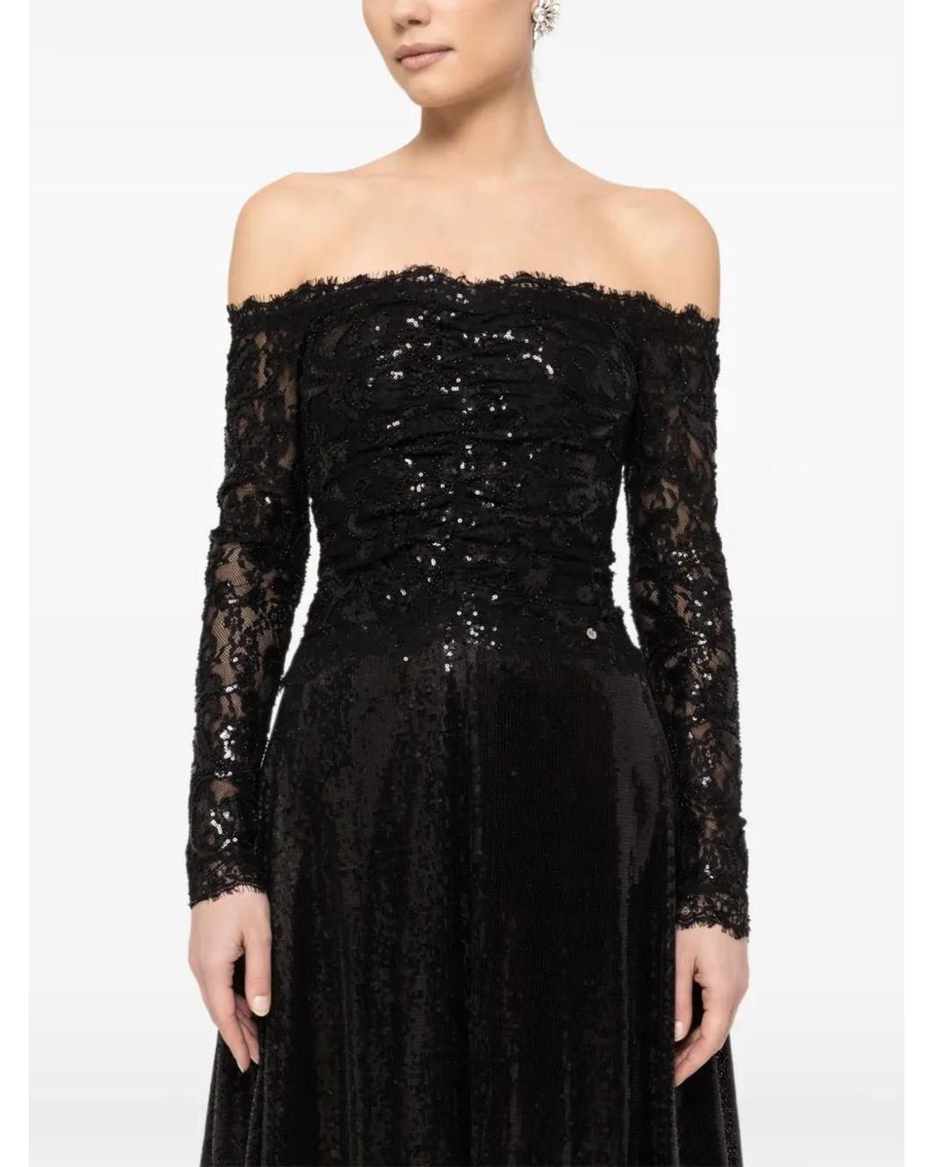 Nissa Black Sequin-Embellishment Off-Shoulder Midi Dress