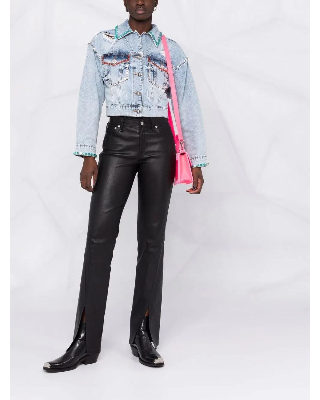 Philipp Plein Blue Crystal-Embellished Distressed Denim Jacket