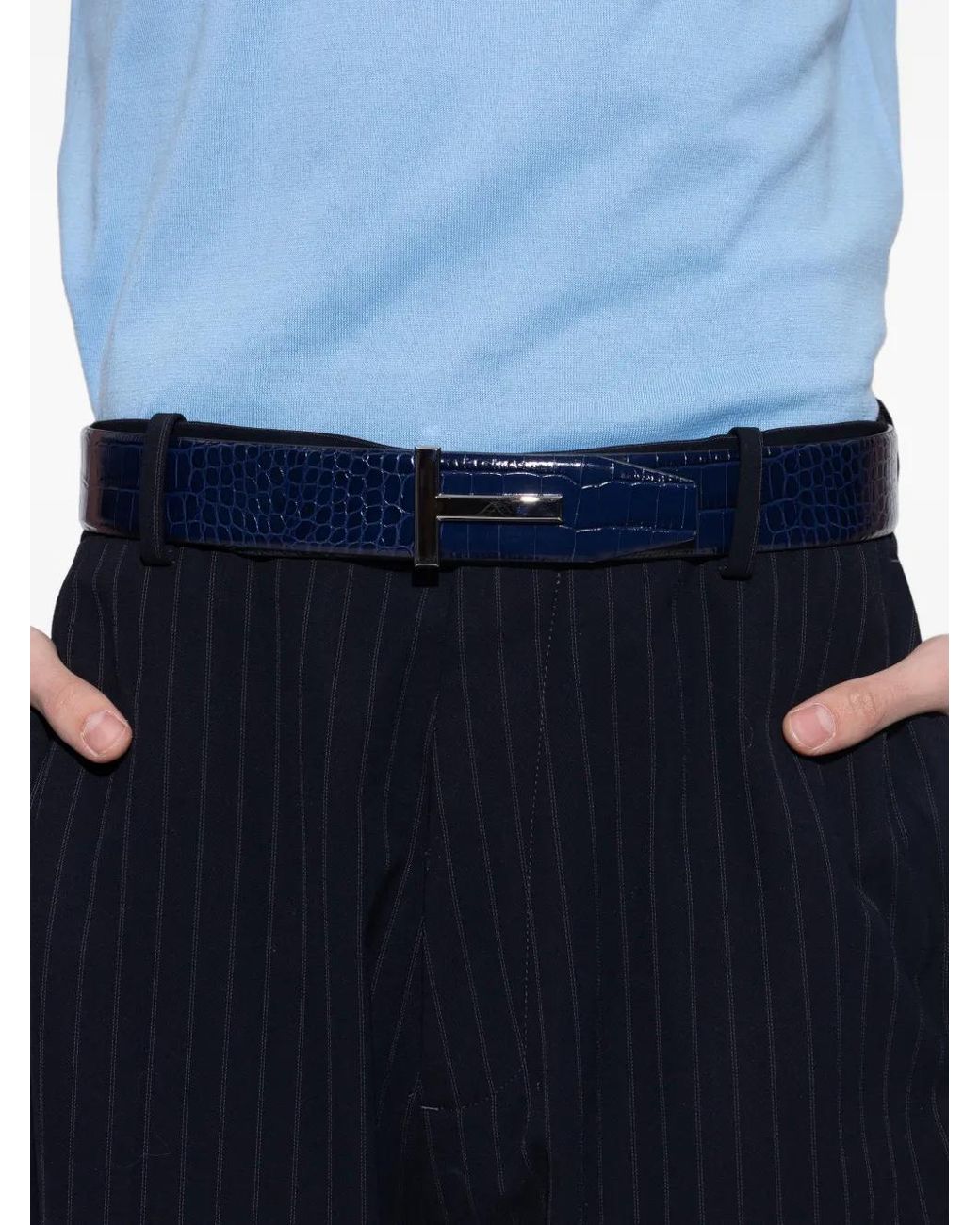 Tom Ford Blue Crocodile-Effect T-Buckle Belt for men