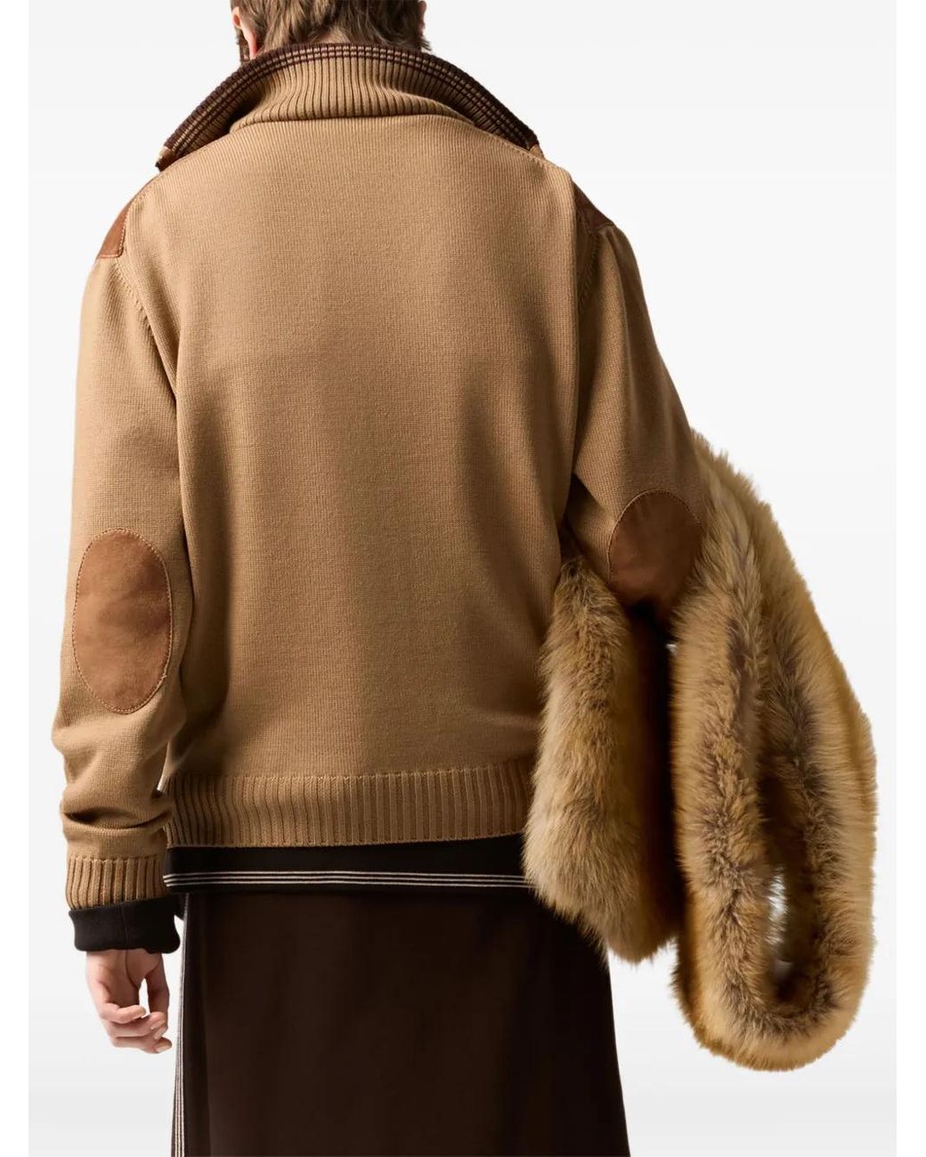 Miu Miu Brown Suede-Insert Ribbed Cardigan
