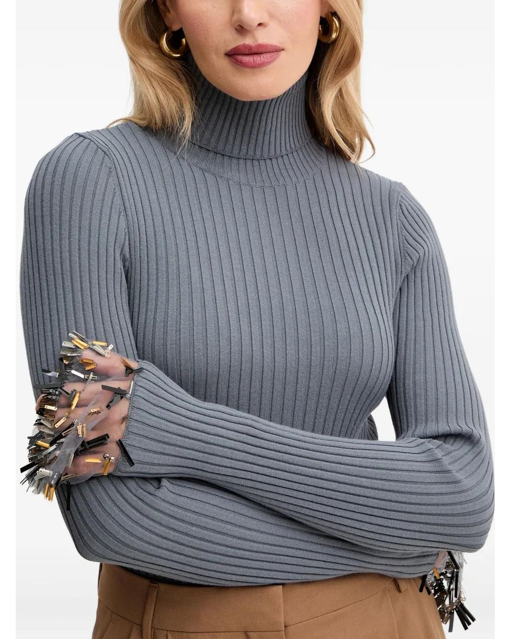 SIMONA CORSELLINI Blue Embellished Turtleneck Sweater