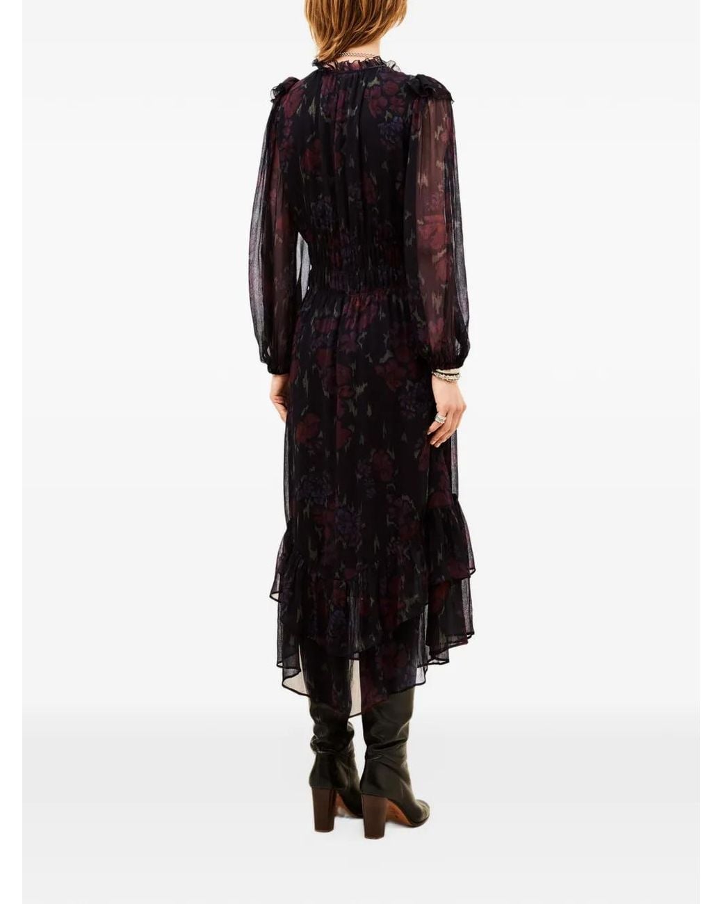 Ba&sh Black Dova Ruffled Floral-Print Midi Dress