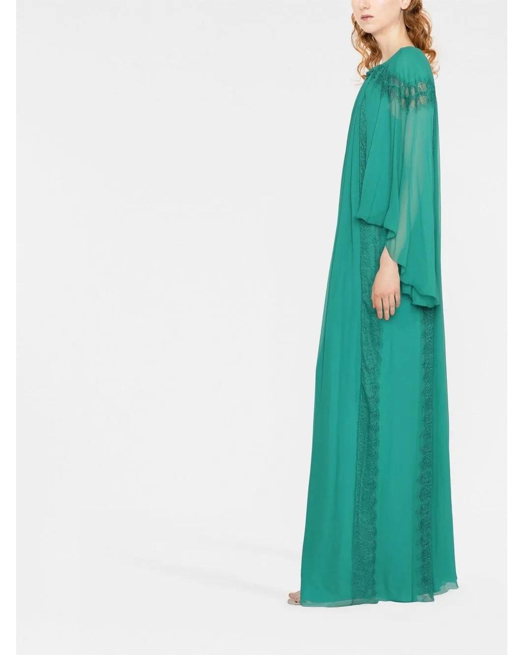 Alberta Ferretti Green Lace-Panel Draped Evening Dress
