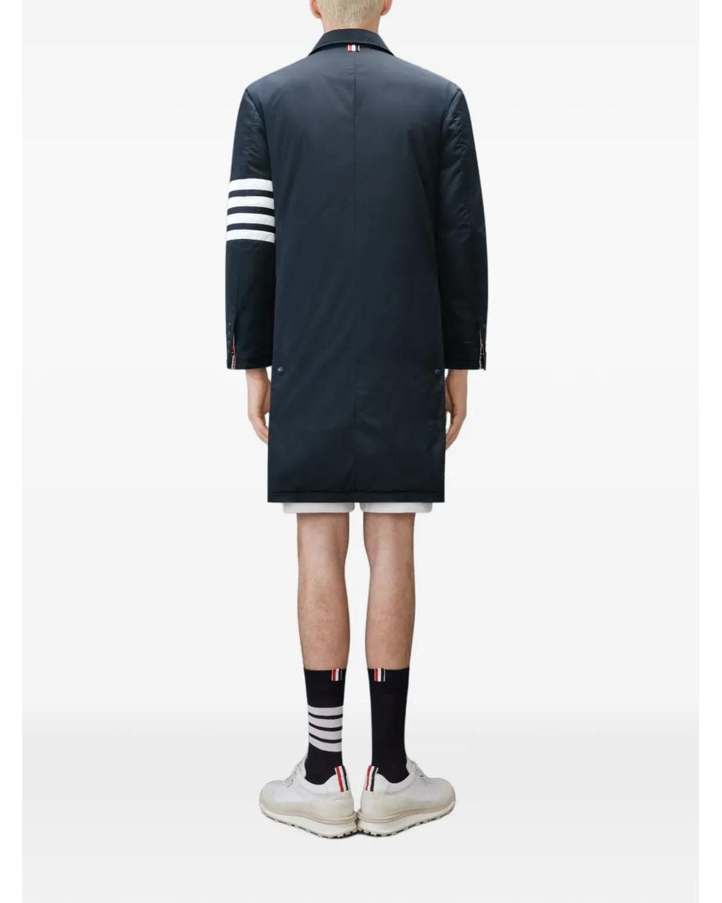 Thom Browne Blue Poly-Tech Down Filled 4-Bar Overcoat for men