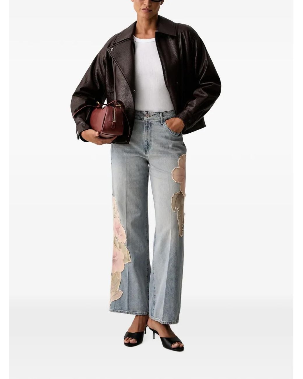 Guess Gray Floral-Motif Patchwork Jeans