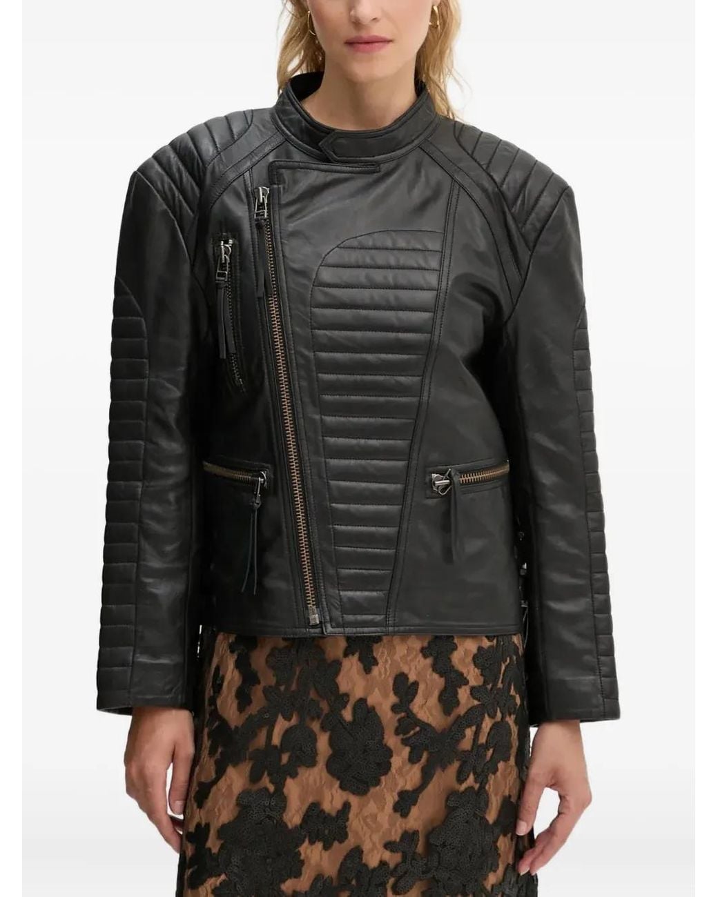 Munthe Black Quilted Panelled Leather Jacket