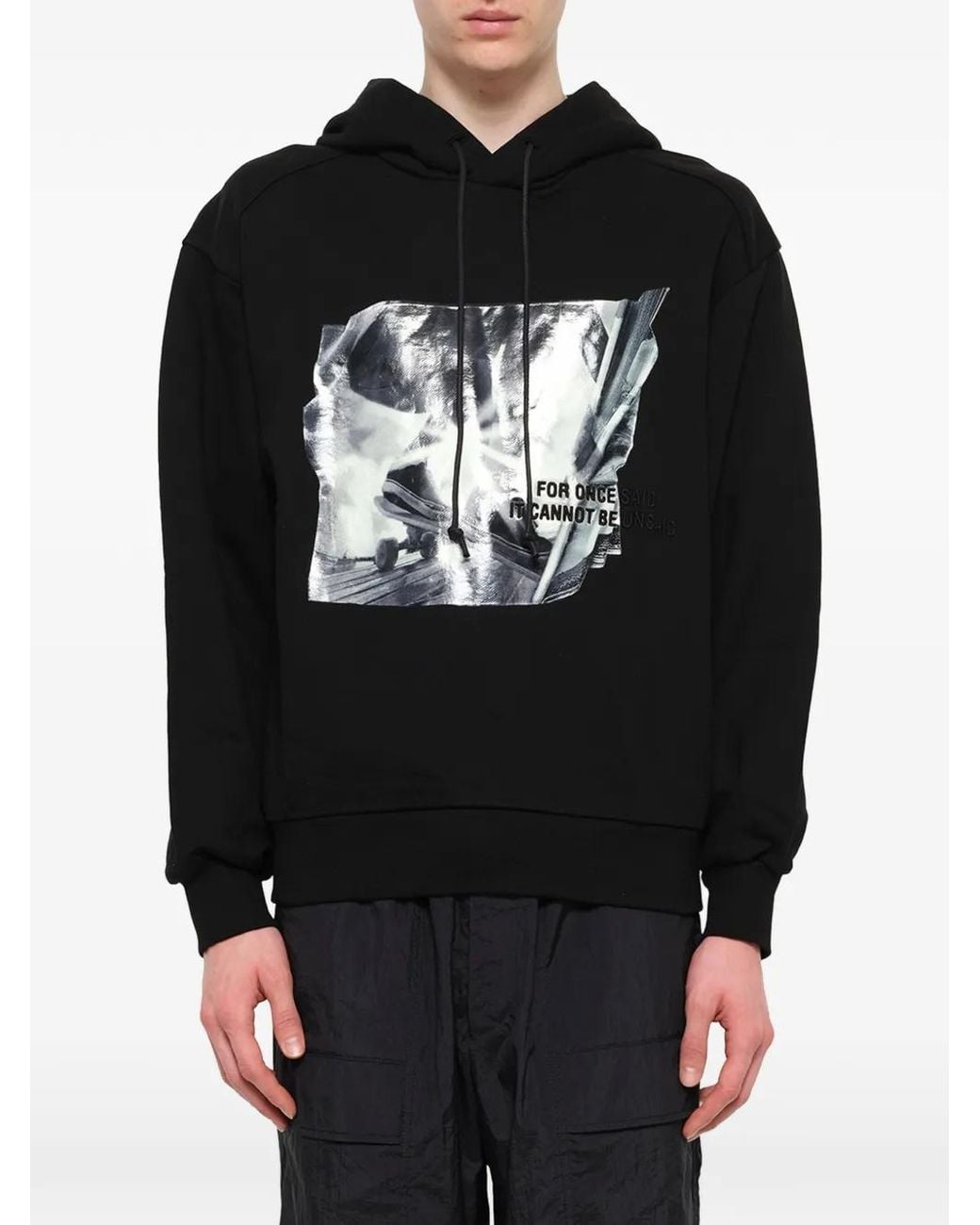 Juun.J Black Graphic-Print Drawstring Hoodie for men