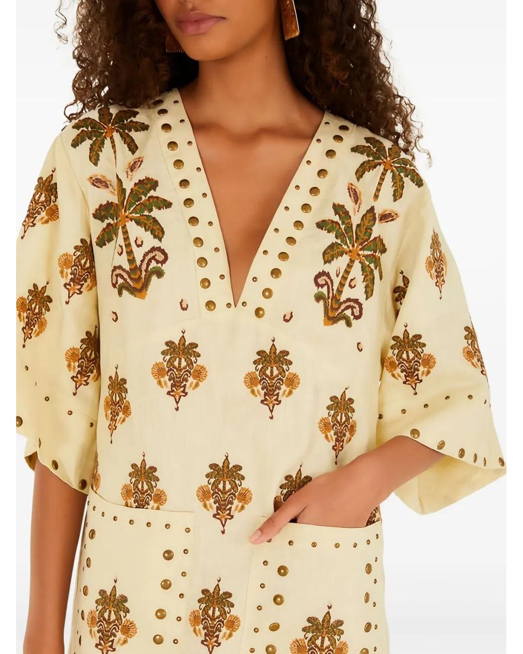 Farm Rio Natural Studded Palm-Print Mini Dress