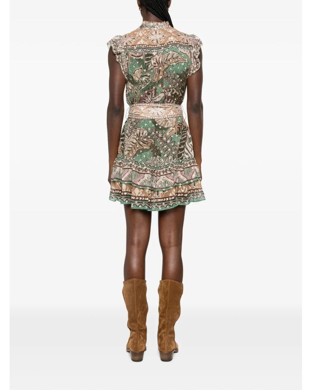 Farm Rio Green Dotted-Foliage Ruffled-Sleeve Mini Dress