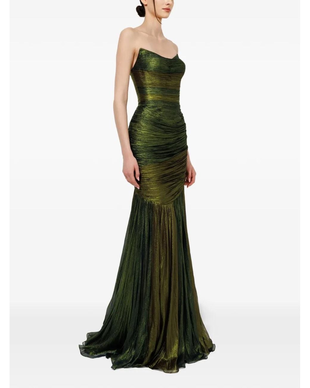 IRIS SERBAN Green Kim Strapless Metallic Maxi Dress