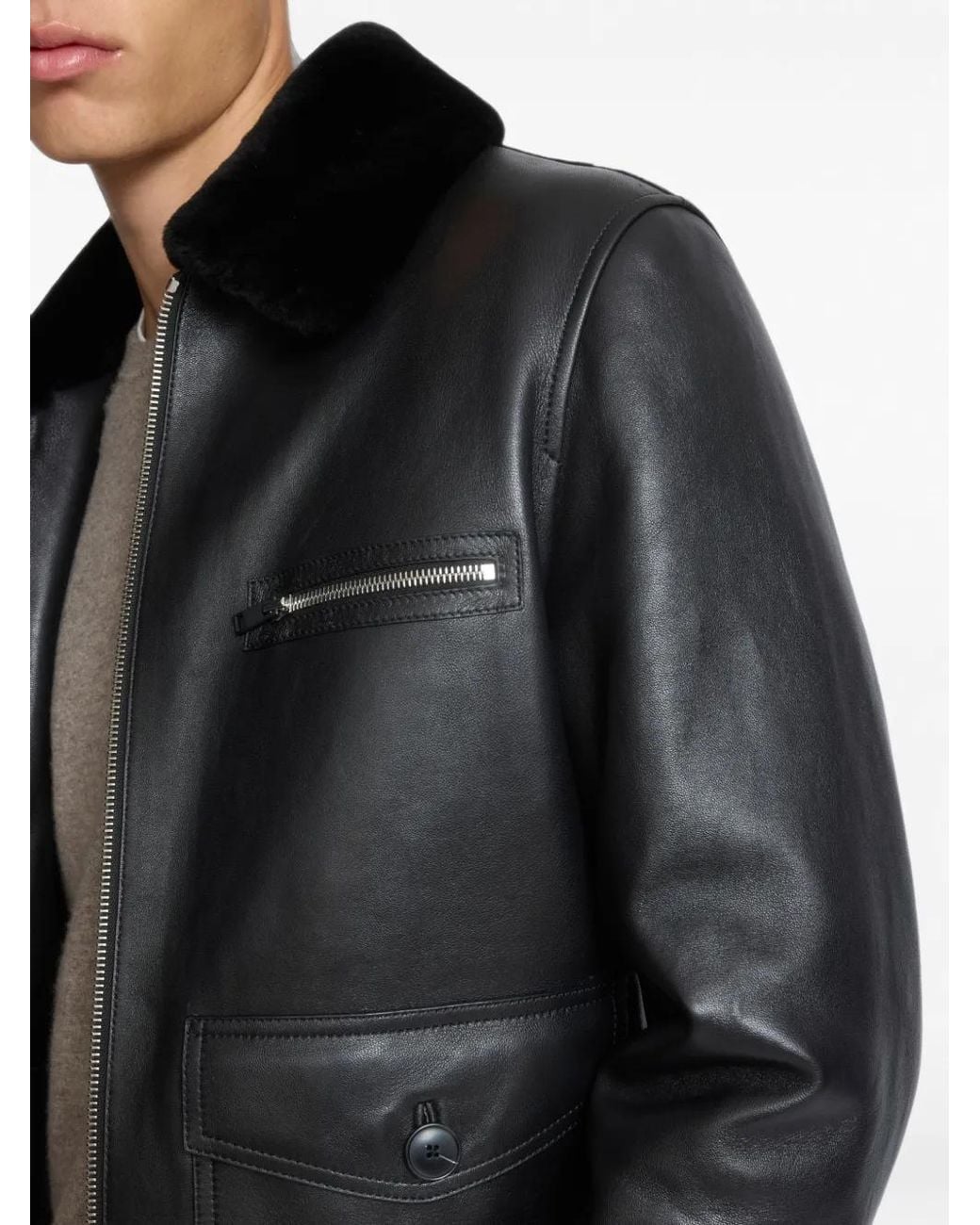Yves Salomon Black Shearling-Collar Leather Jacket for men