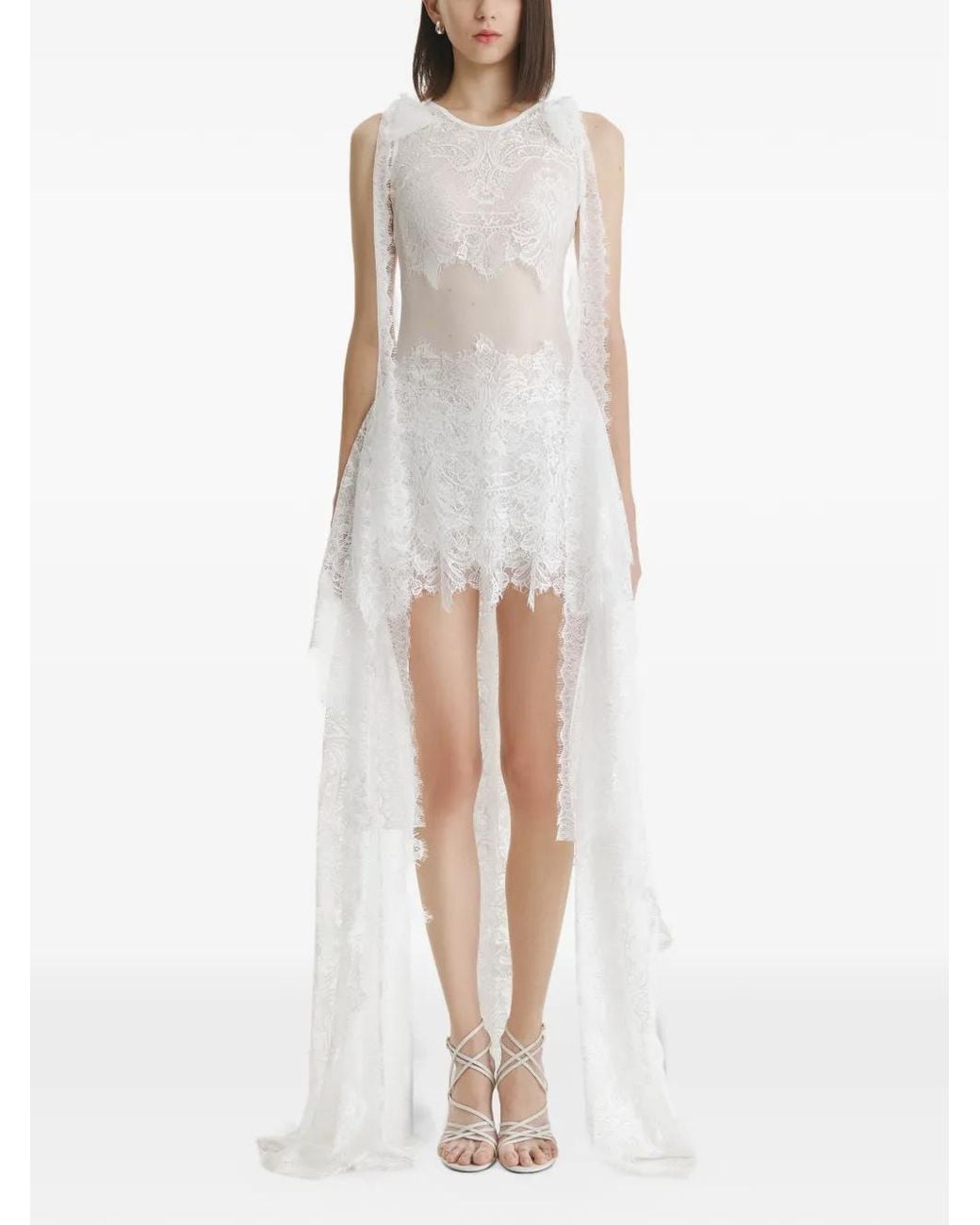 2310 STUDIO White Lace-Panelled High-Low Asymmetric Dress