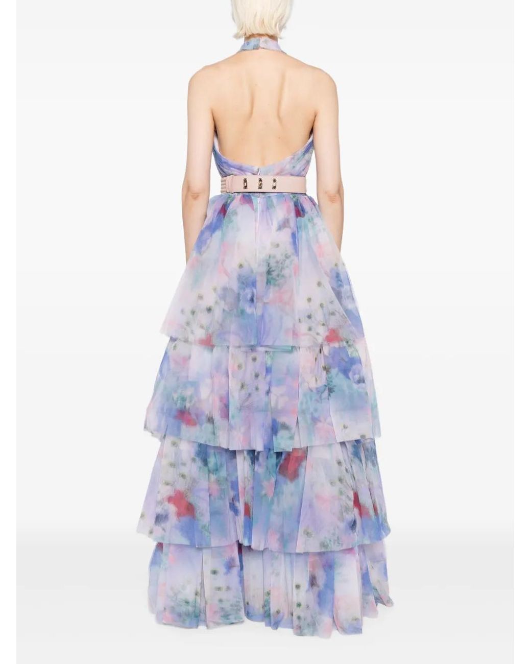 Saiid Kobeisy Blue Floral-Print Tulle Dress