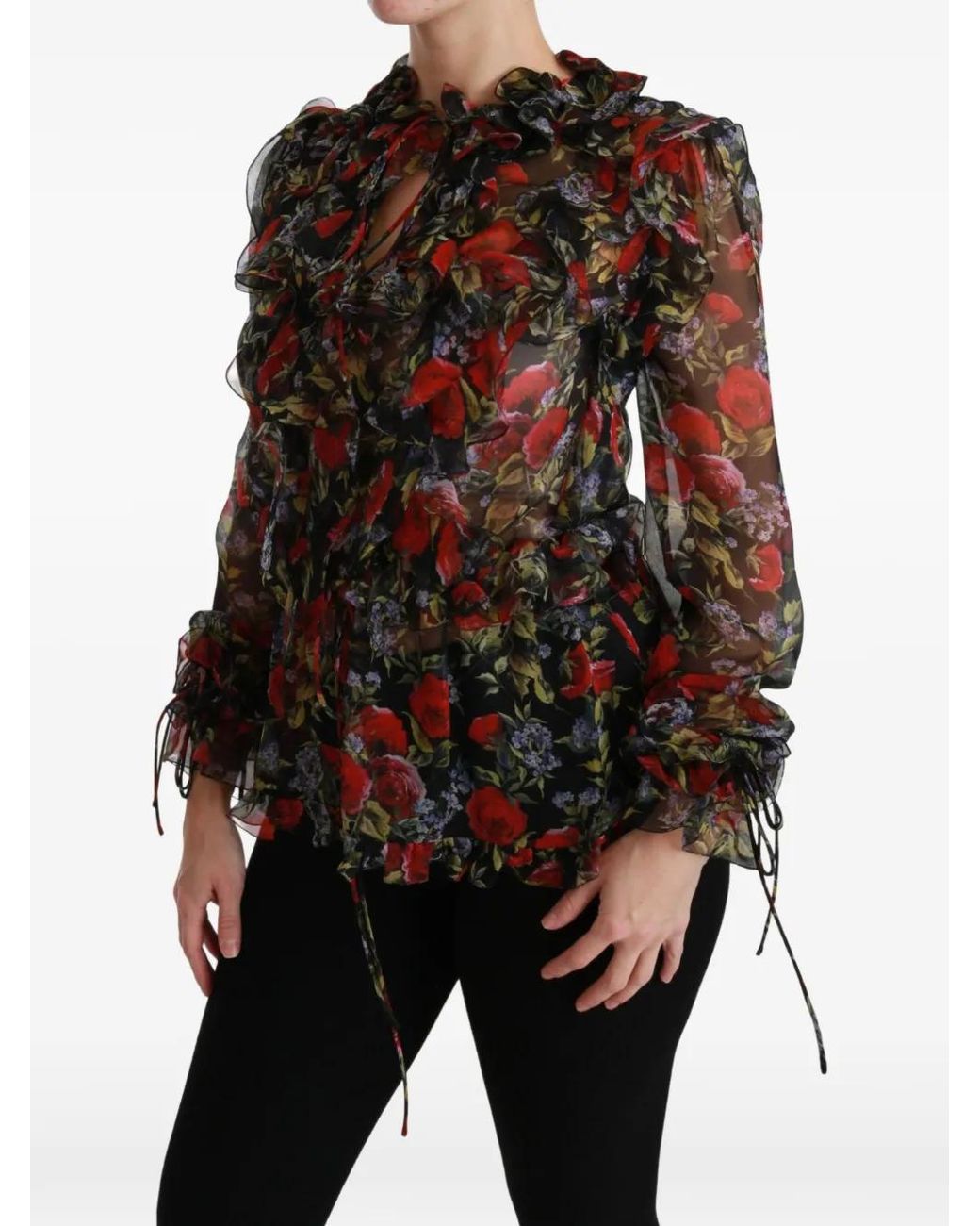 Dolce & Gabbana Black Floral-Print Ruffled Blouse