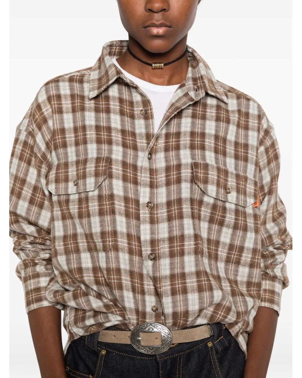 Universal Overall White Check-Pattern Flap-Pocket Shirt