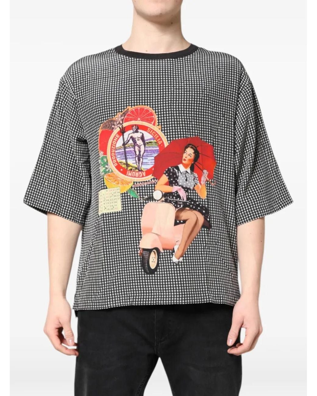 Dolce & Gabbana Gray Gingham-Check Graphic-Print T-Shirt for men